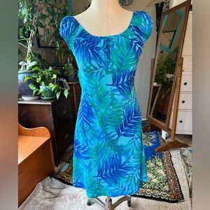 Hibiscus Collection Hawaii Dress Blue Green Floral Mini Dress, Size Medium